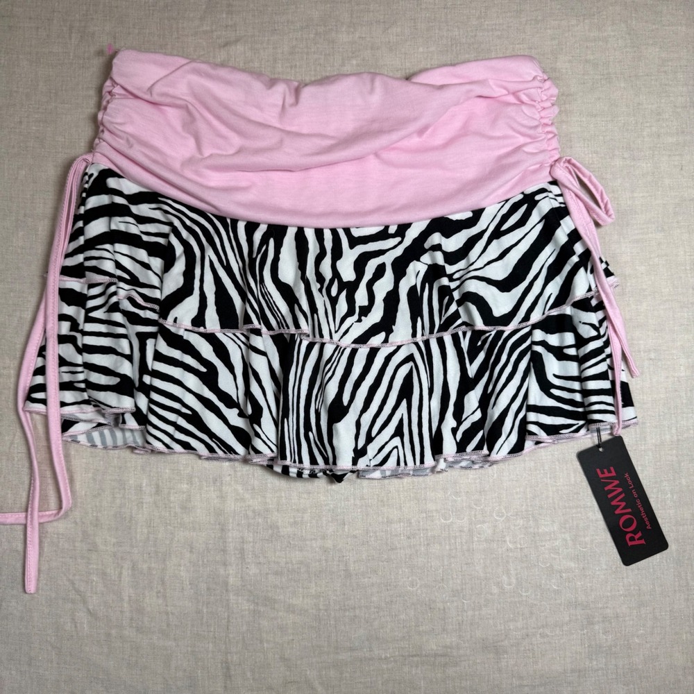 Romwe Zebra Halter Skirt Set Womens 1XL Pink NEW Y2K Ruffle Lace Trim - Picture 3 of 9
